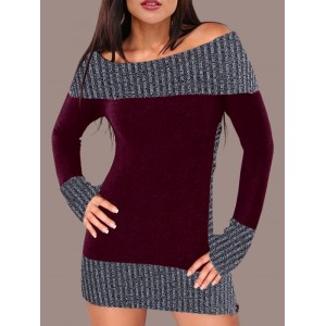 Contrast Color Knitted Dress with Buttons - Red Wine